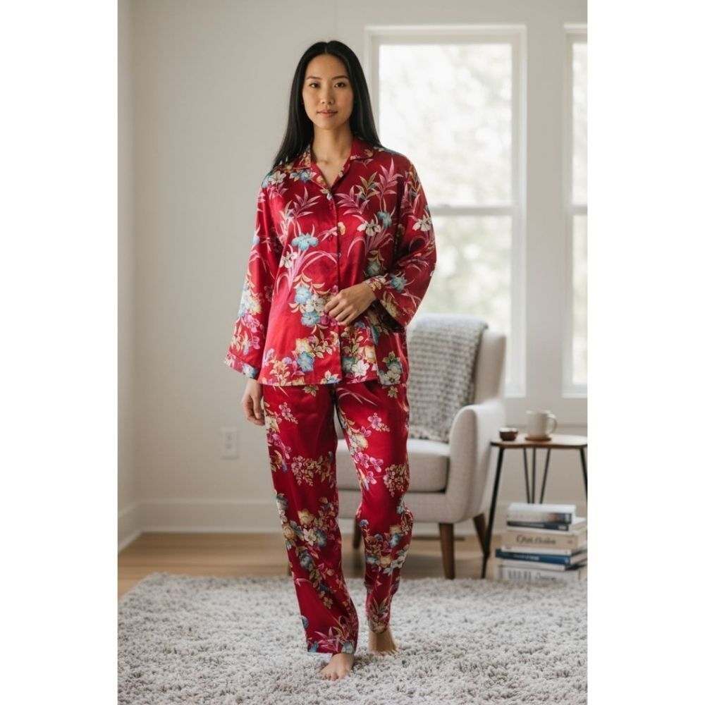 Vintage Oscar de la Renta Pink Label Silky Floral Satin Pajama Set Red Women's L